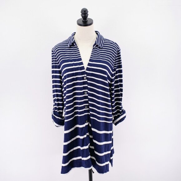 Chicos XL Top Size 3 Blue White Button Front Striped Rolled Tab Collared Long Sl - Picture 1 of 10
